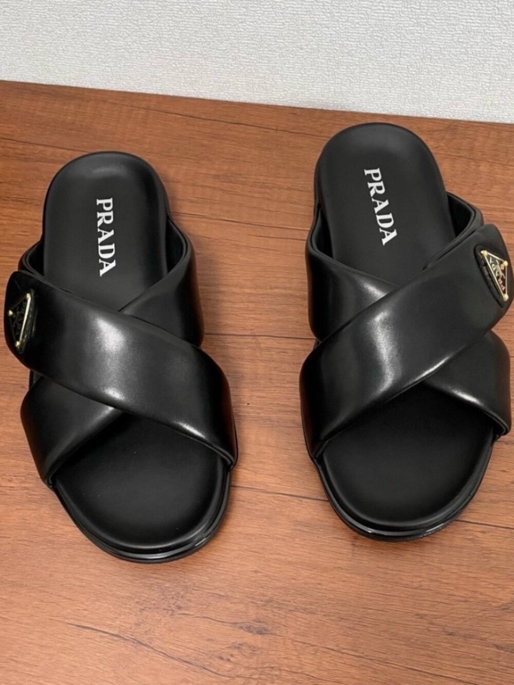 Prada Black Padded Leather Cross-Strap Slide Sandals